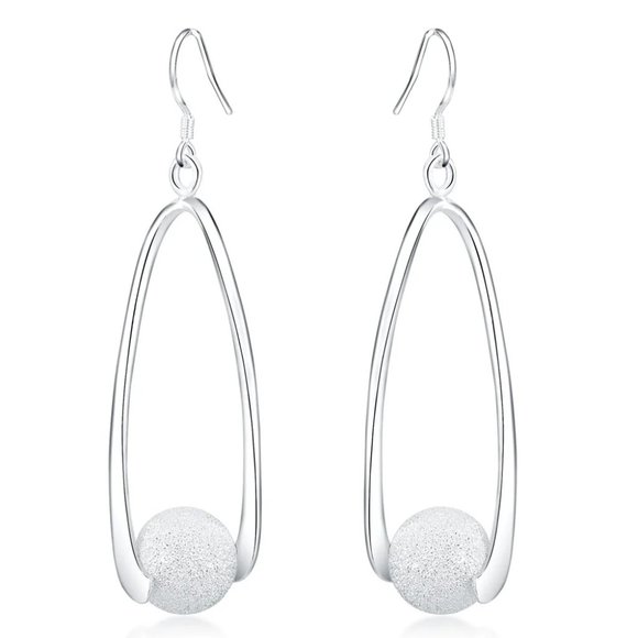 Beautiful Frosted Bead Hanging Earrings .925 Sterling Silver "  Hypoallergenic " - Picture 5 of 6